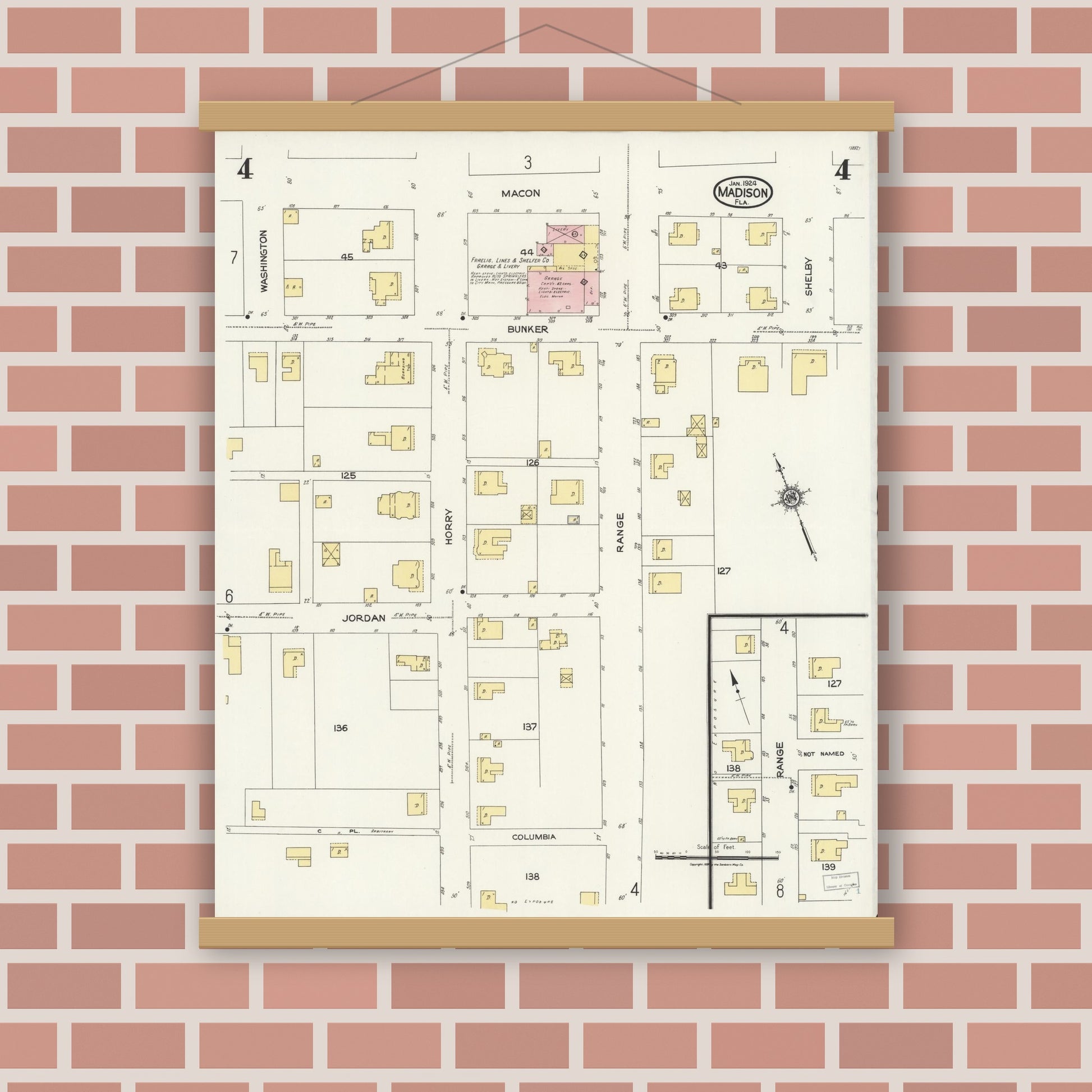 Old map wall art mockup — magnetic wood frame on brick wall — Sanborn Fire Insurance Map from Madison, Madison County, Florida (1924), Sheet #0004
