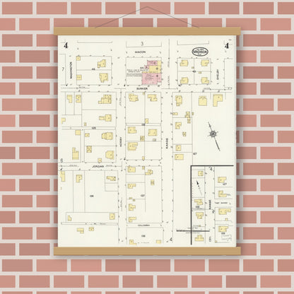 Old map wall art mockup — magnetic wood frame on brick wall — Sanborn Fire Insurance Map from Madison, Madison County, Florida (1924), Sheet #0004