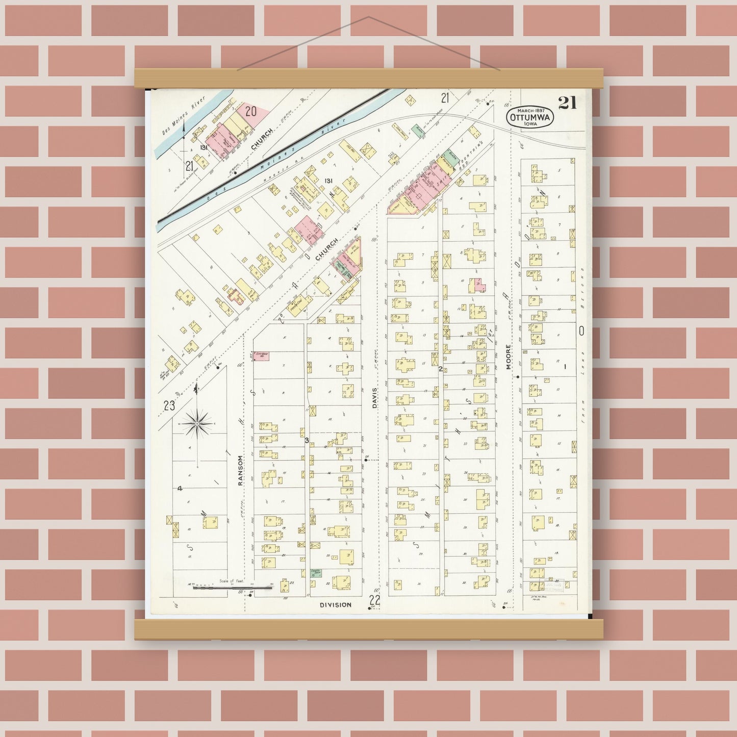 Old map wall art mockup — magnetic wood frame on brick wall — Sanborn Fire Insurance Map from Ottumwa, Wapello County, Iowa (1897), Sheet #0021