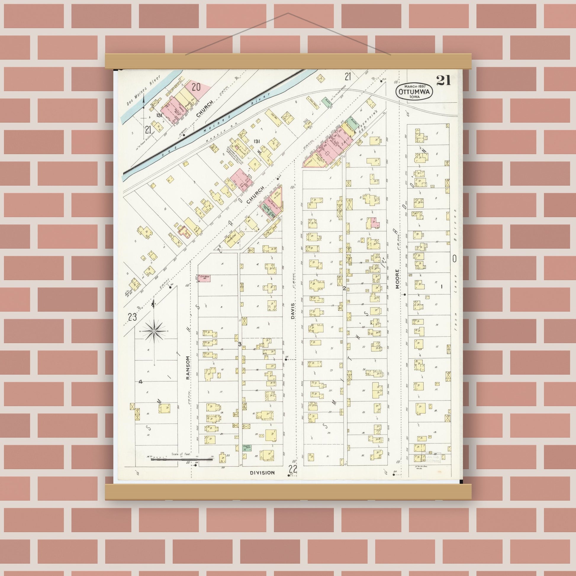 Old map wall art mockup — magnetic wood frame on brick wall — Sanborn Fire Insurance Map from Ottumwa, Wapello County, Iowa (1897), Sheet #0021