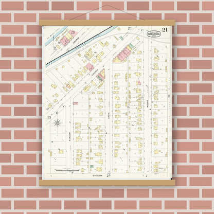 Old map wall art mockup — magnetic wood frame on brick wall — Sanborn Fire Insurance Map from Ottumwa, Wapello County, Iowa (1897), Sheet #0021