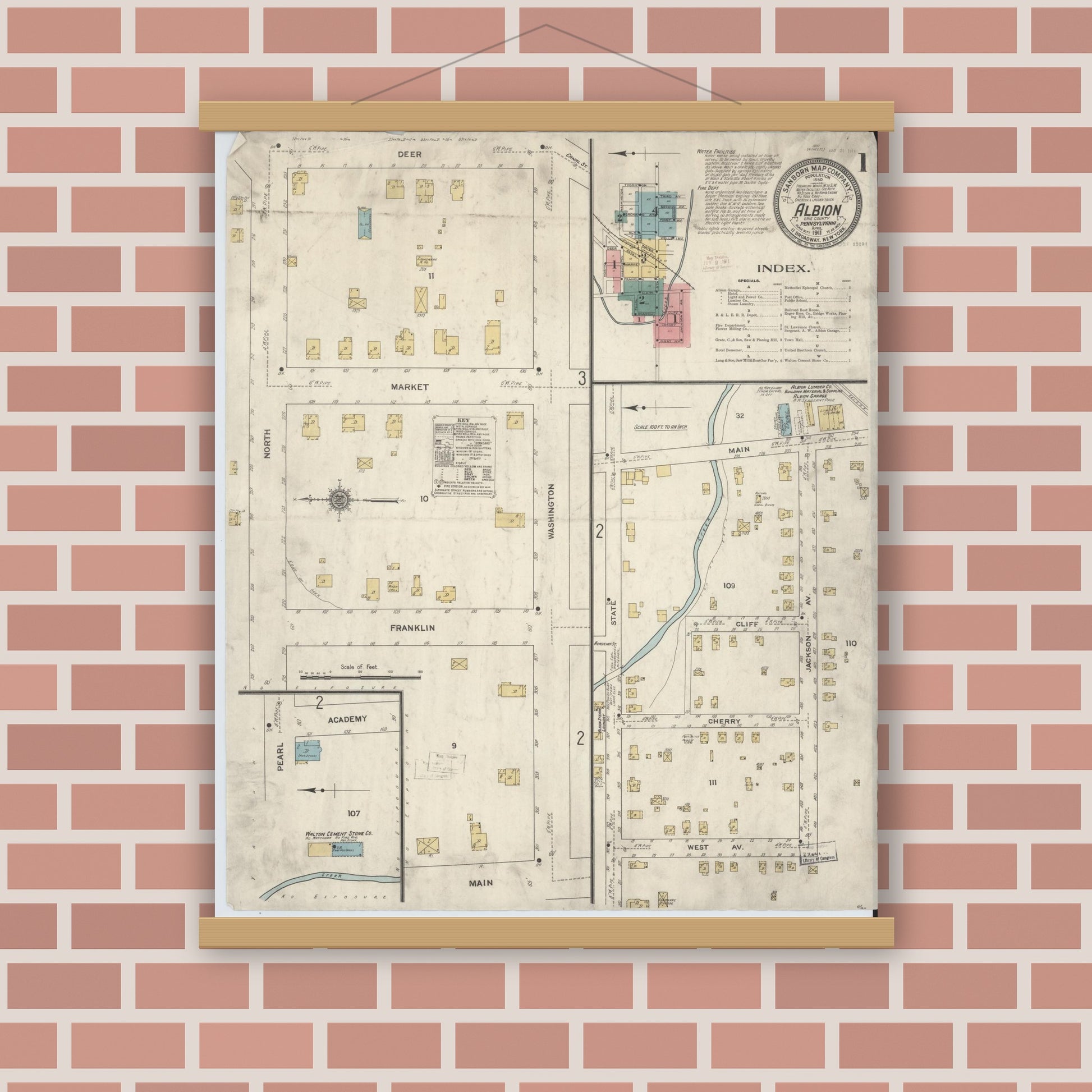 Old map wall art mockup — magnetic wood frame on brick wall — Sanborn Fire Insurance Map from Albion, Erie County, Pennsylvania (1911) - Complete Map Set