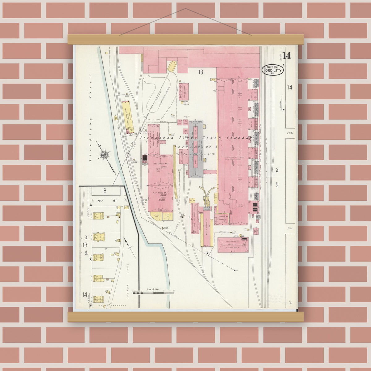 Old map wall art mockup — magnetic wood frame on brick wall — Sanborn Fire Insurance Map from Ford City, Armstrong County, Pennsylvania (1913), Sheet #0014