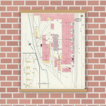 Old map wall art mockup — magnetic wood frame on brick wall — Sanborn Fire Insurance Map from Ford City, Armstrong County, Pennsylvania (1913), Sheet #0014