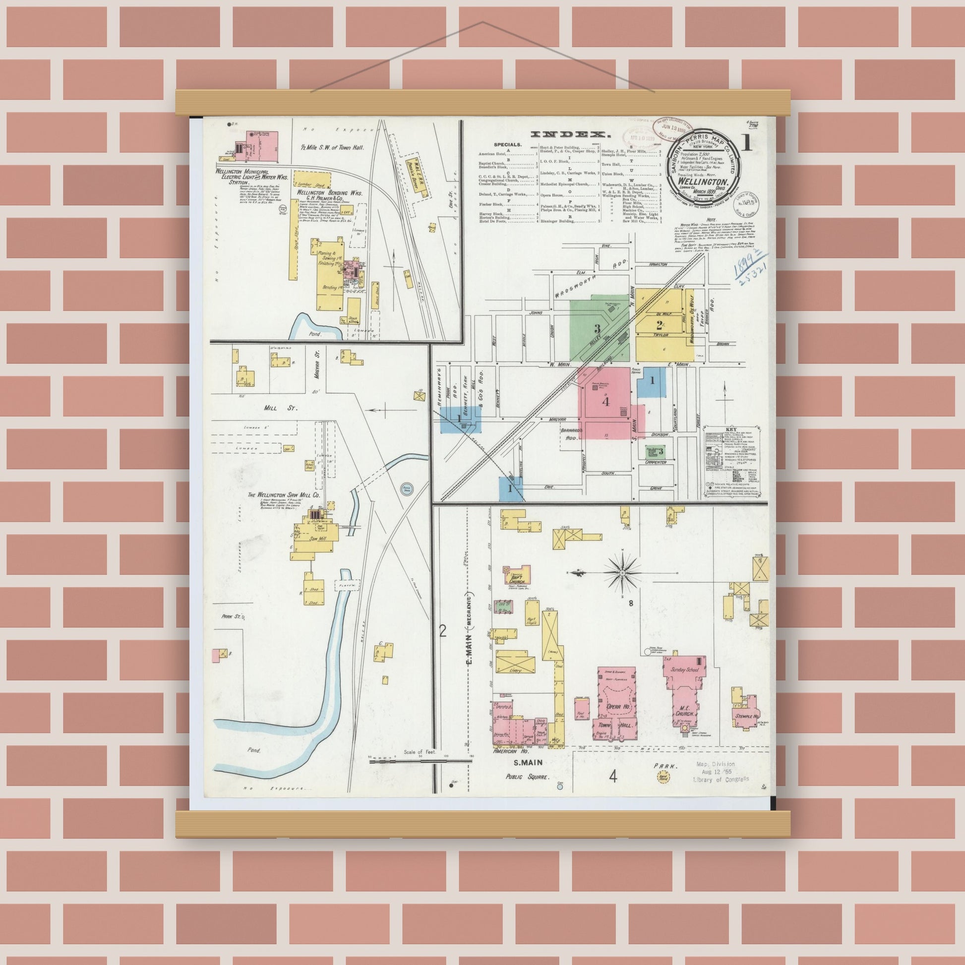 Old map wall art mockup — magnetic wood frame on brick wall — Sanborn Fire Insurance Map from Wellington, Lorain County, Ohio (1899) - Complete Map Set