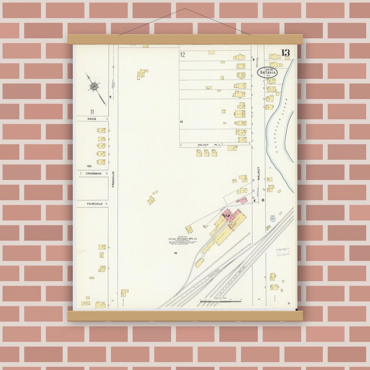Old map wall art mockup — magnetic wood frame on brick wall — Sanborn Fire Insurance Map from Batavia, Genesee County, New York (1912), Sheet #0013