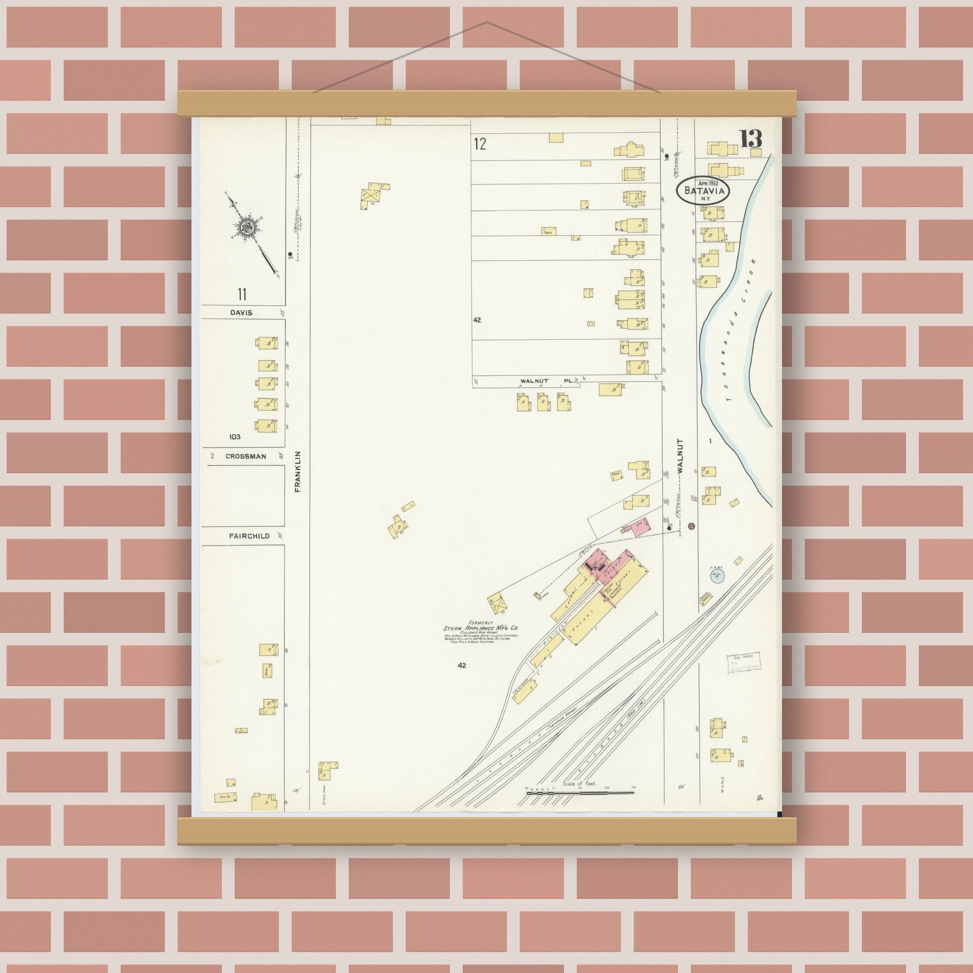 Old map wall art mockup — magnetic wood frame on brick wall — Sanborn Fire Insurance Map from Batavia, Genesee County, New York (1912), Sheet #0013