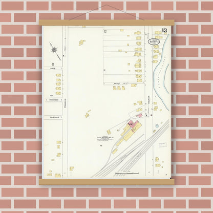 Old map wall art mockup — magnetic wood frame on brick wall — Sanborn Fire Insurance Map from Batavia, Genesee County, New York (1912), Sheet #0013
