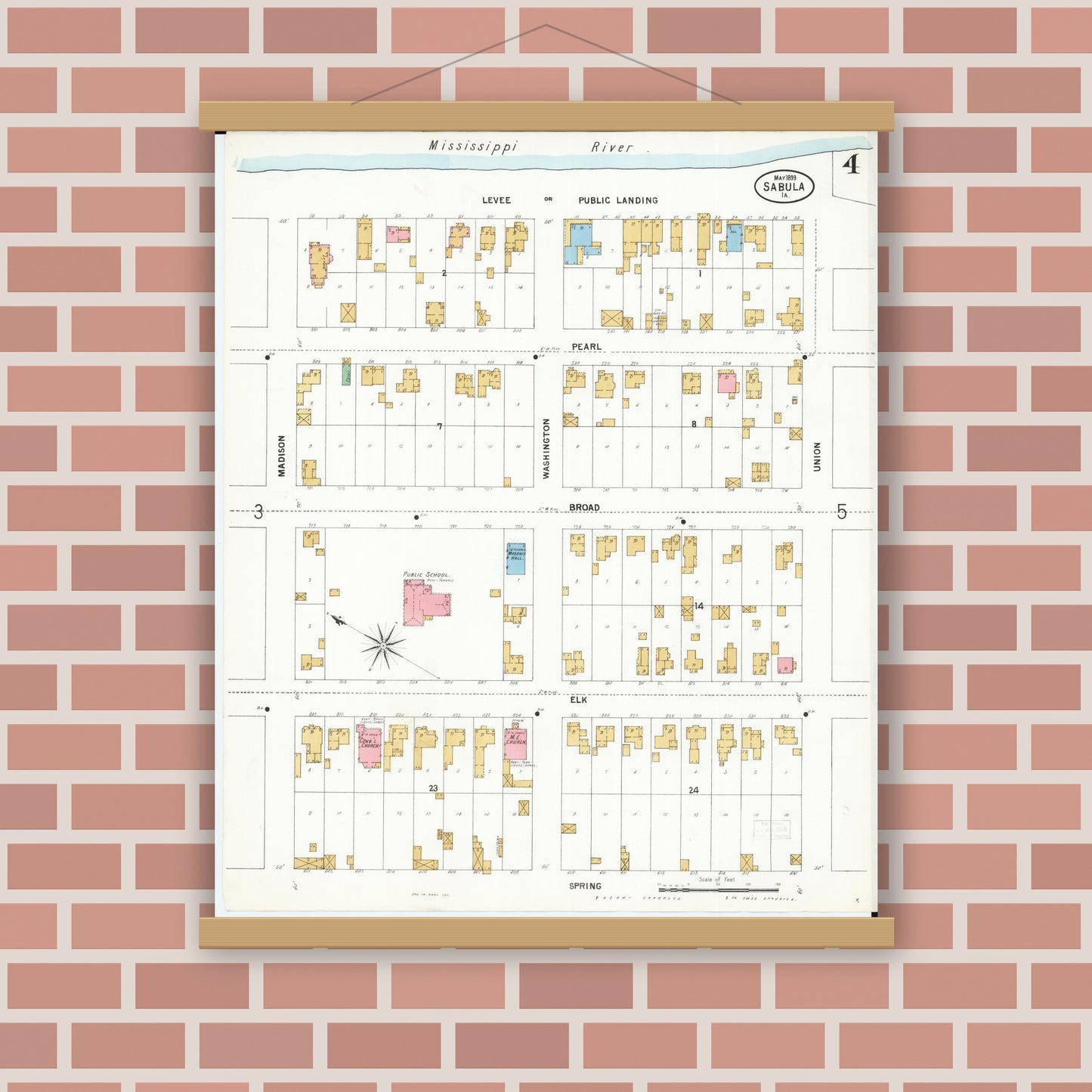 Old map wall art mockup — magnetic wood frame on brick wall — Sanborn Fire Insurance Map from Sabula, Jackson County, Iowa (1899), Sheet #0004