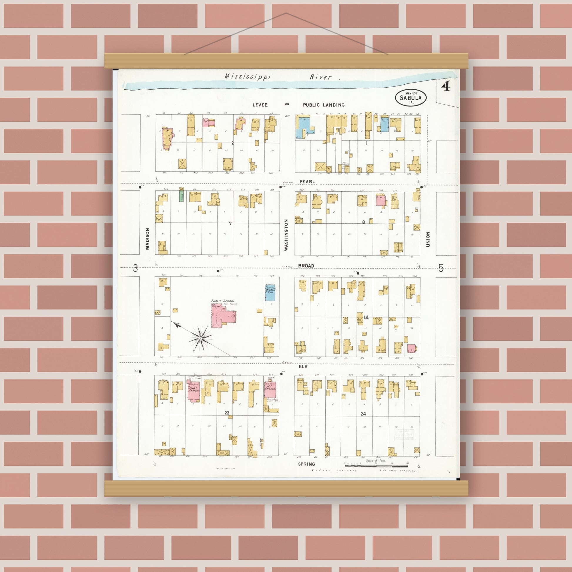 Old map wall art mockup — magnetic wood frame on brick wall — Sanborn Fire Insurance Map from Sabula, Jackson County, Iowa (1899), Sheet #0004