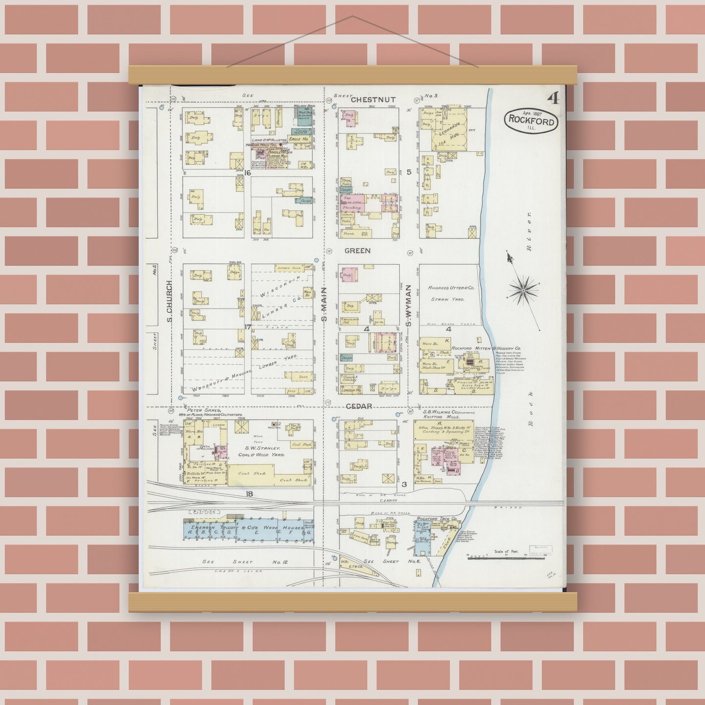 Old map wall art mockup — magnetic wood frame on brick wall — Sanborn Fire Insurance Map from Rockford, Winnebago County, Illinois (1887), Sheet #0004