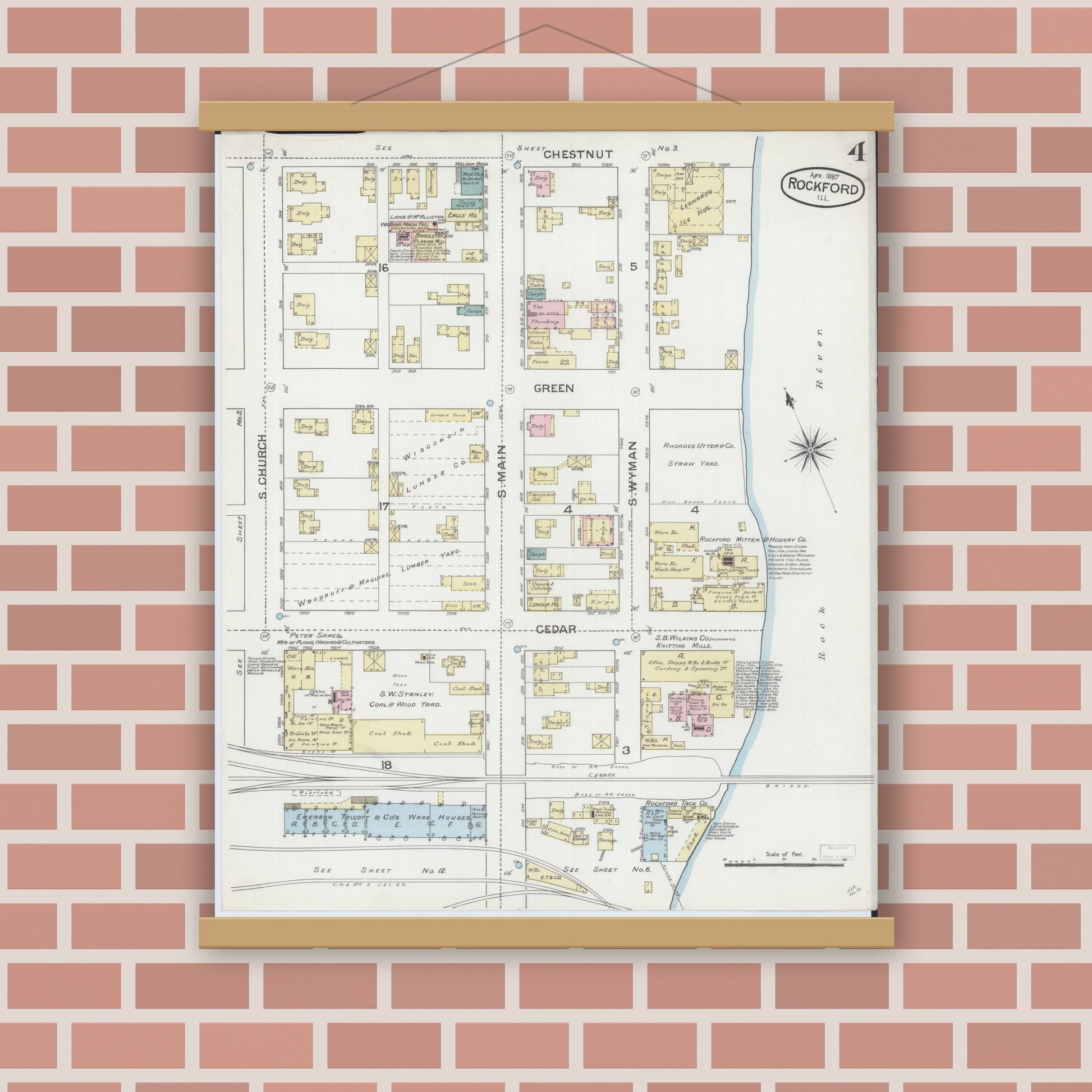 Old map wall art mockup — magnetic wood frame on brick wall — Sanborn Fire Insurance Map from Rockford, Winnebago County, Illinois (1887), Sheet #0004