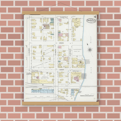 Old map wall art mockup — magnetic wood frame on brick wall — Sanborn Fire Insurance Map from Rockford, Winnebago County, Illinois (1887), Sheet #0004