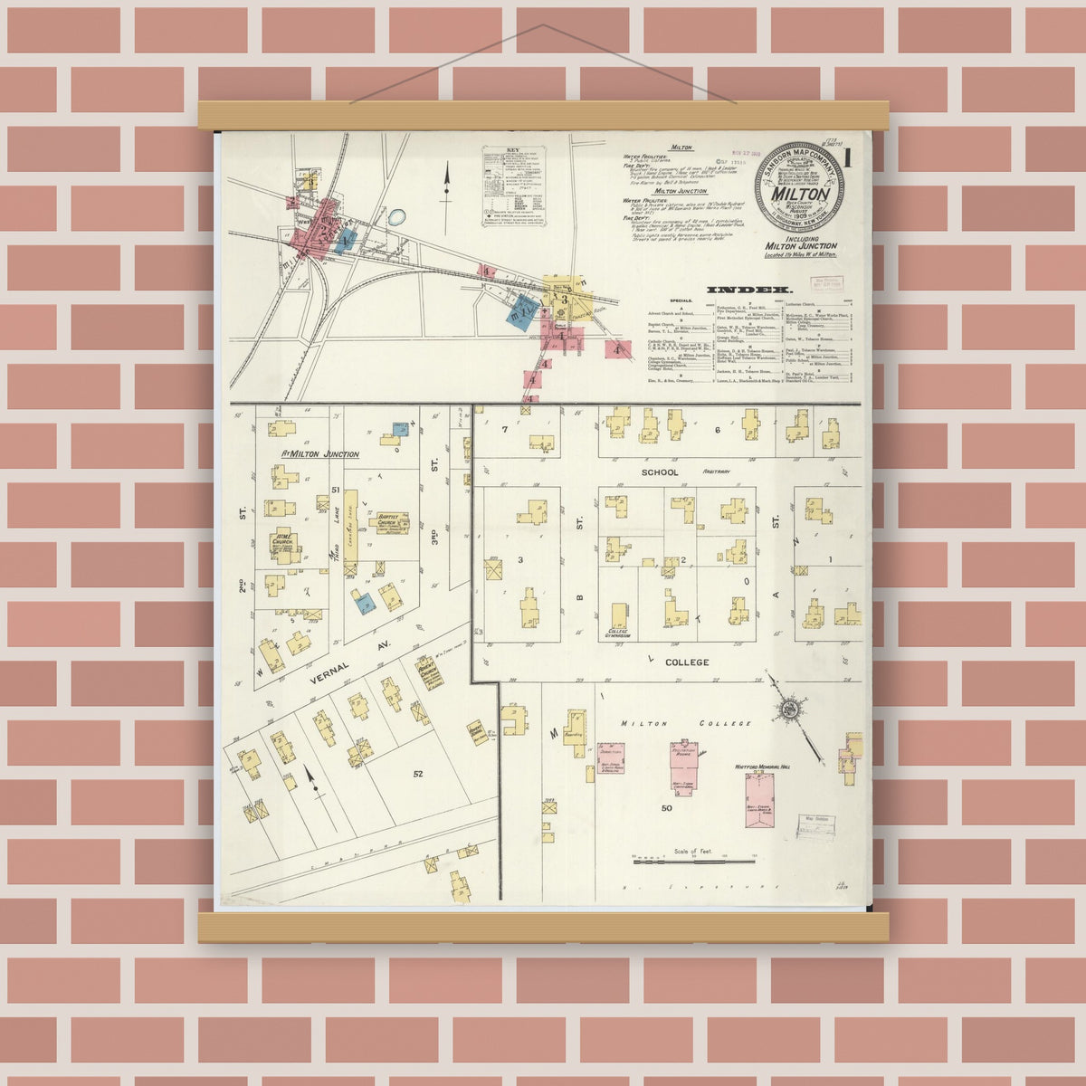 Old map wall art mockup — magnetic wood frame on brick wall — Sanborn Fire Insurance Map from Milton, Rock County, Wisconsin (1909) - Complete Map Set