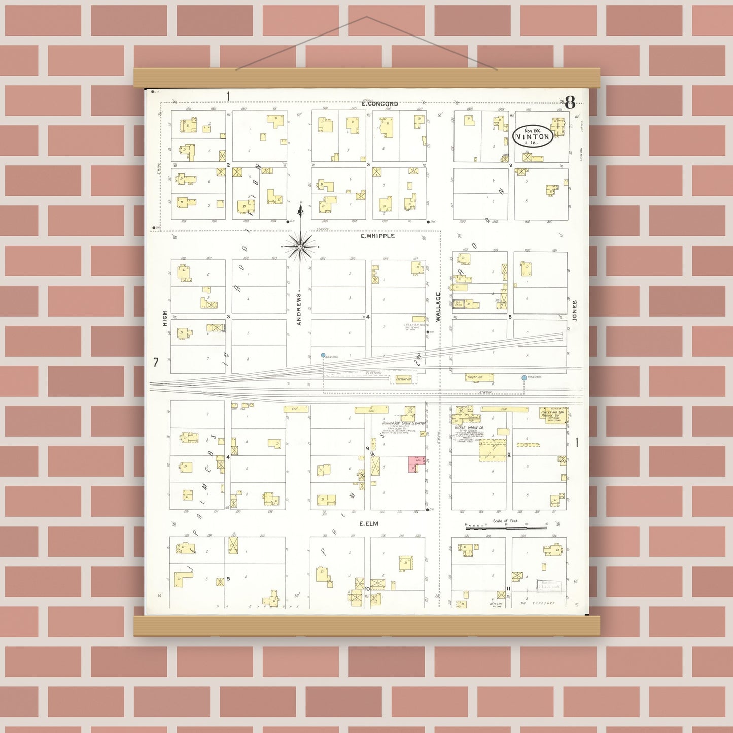 Old map wall art mockup — magnetic wood frame on brick wall — Sanborn Fire Insurance Map from Vinton, Benton County, Iowa (1906), Sheet #0008