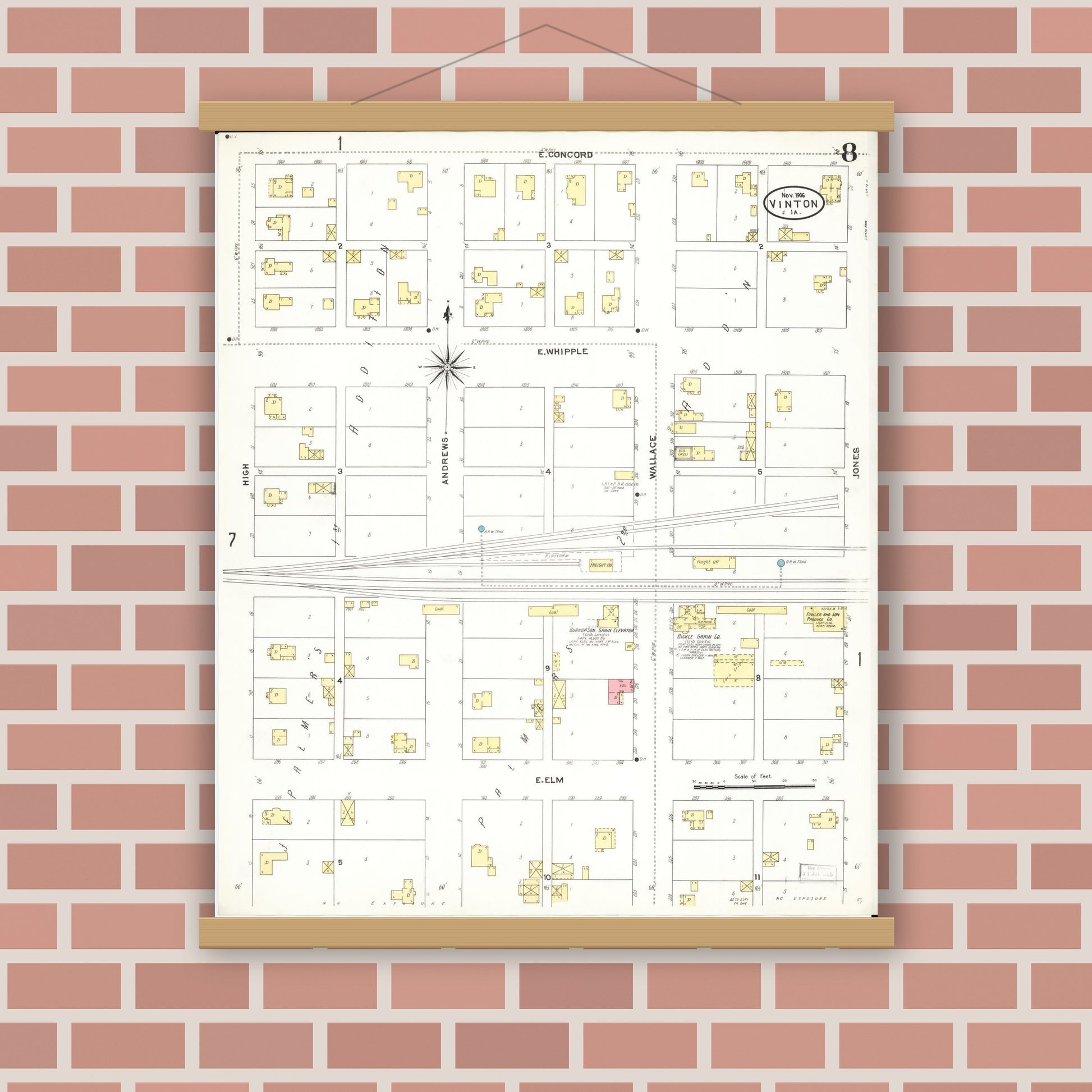 Old map wall art mockup — magnetic wood frame on brick wall — Sanborn Fire Insurance Map from Vinton, Benton County, Iowa (1906), Sheet #0008