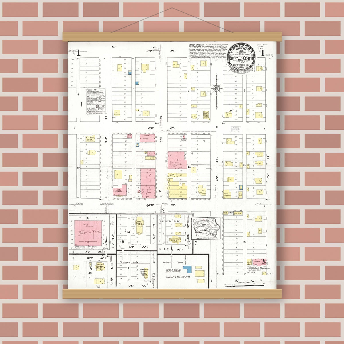Old map wall art mockup — magnetic wood frame on brick wall — Sanborn Fire Insurance Map from Buffalo Center, Winnebago County, Iowa (1923) â€” Complete Set