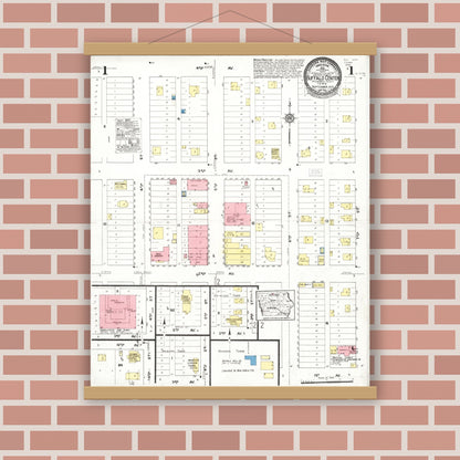 Old map wall art mockup — magnetic wood frame on brick wall — Sanborn Fire Insurance Map from Buffalo Center, Winnebago County, Iowa (1923) â€” Complete Set