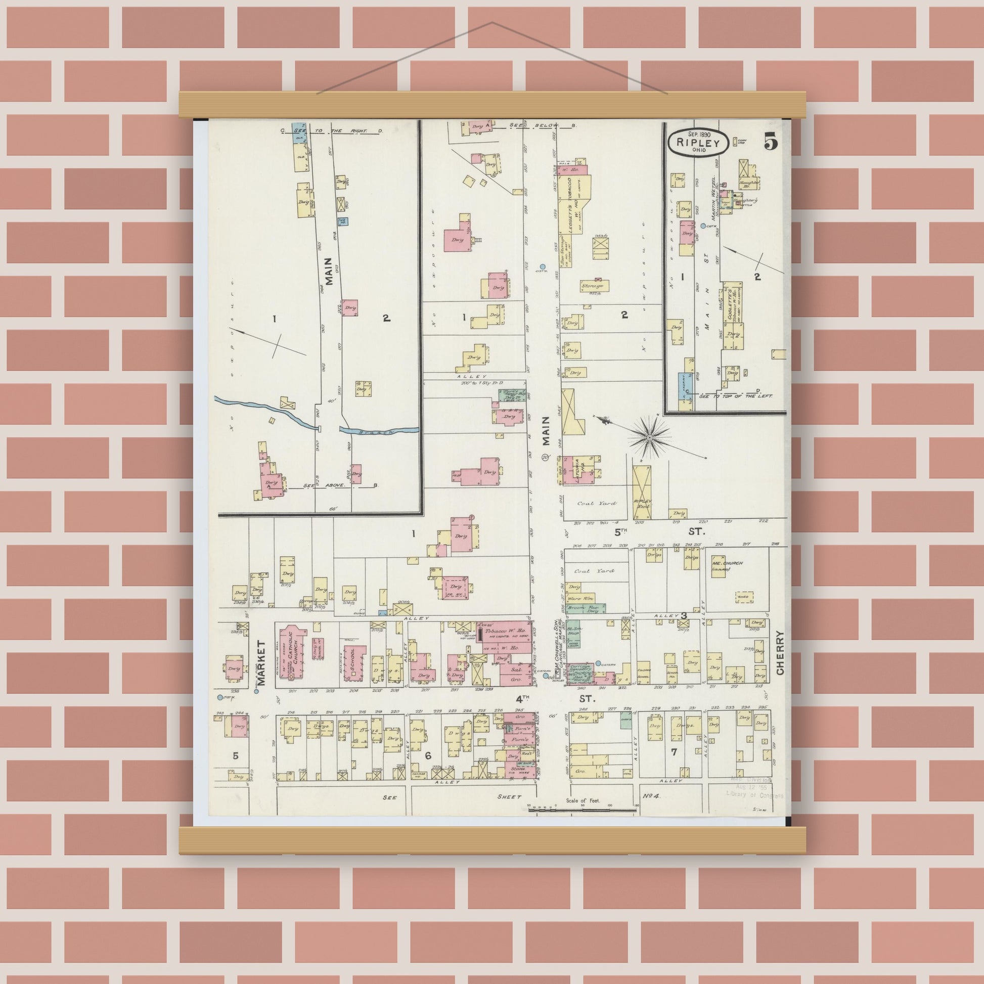 Old map wall art mockup — magnetic wood frame on brick wall — Sanborn Fire Insurance Map from Ripley, Brown County, Ohio (1890), Sheet #0005