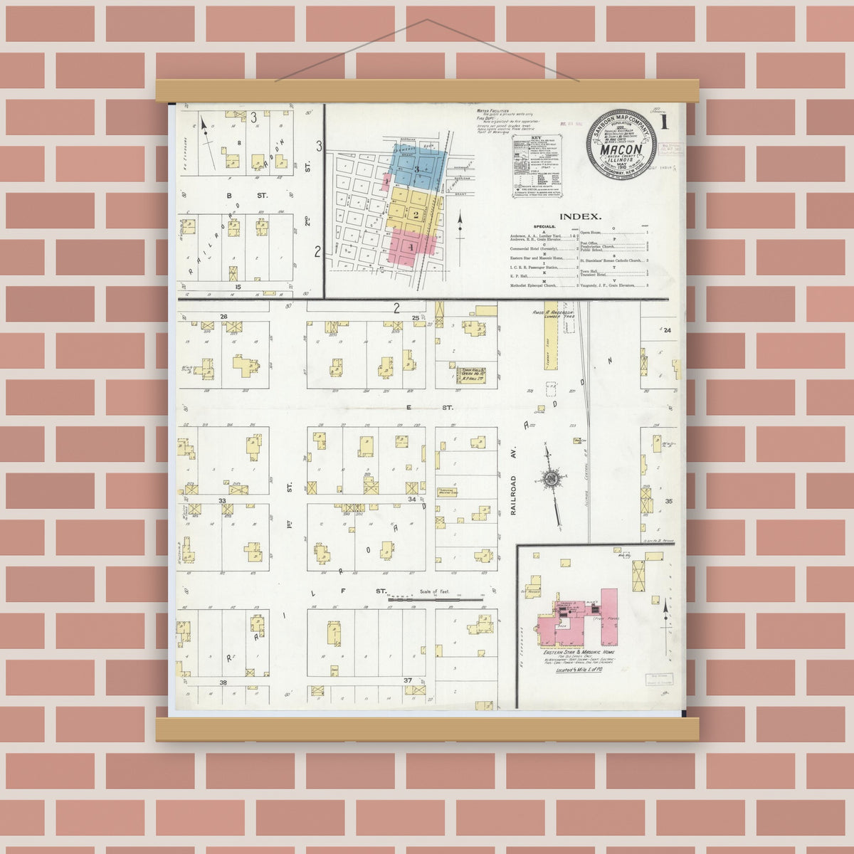Old map wall art mockup — magnetic wood frame on brick wall — Sanborn Fire Insurance Map from Macon, Macon County, Illinois (1910) - Complete Map Set