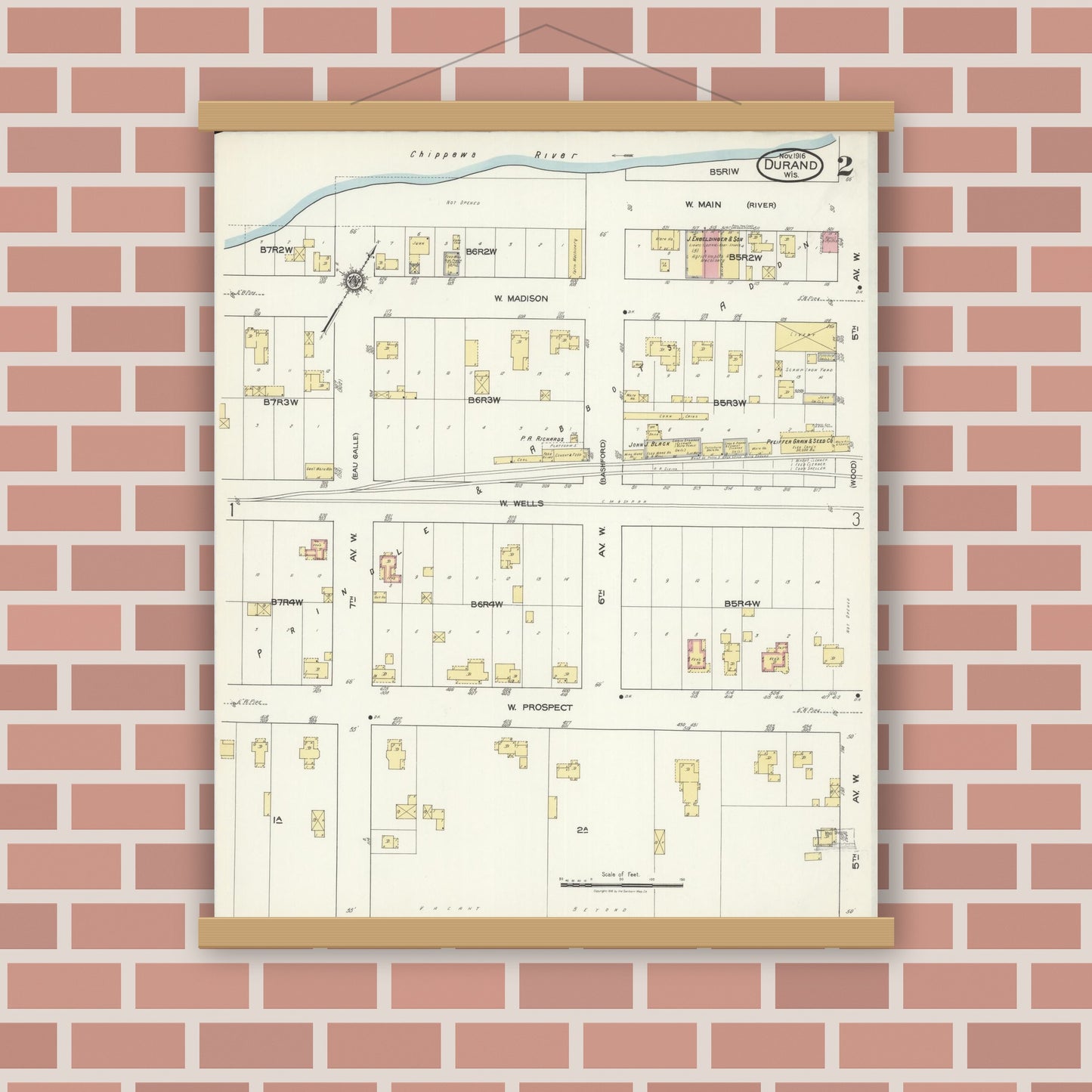 Old map wall art mockup — magnetic wood frame on brick wall — Sanborn Fire Insurance Map from Durand, Pepin County, Wisconsin (1916), Sheet #0002