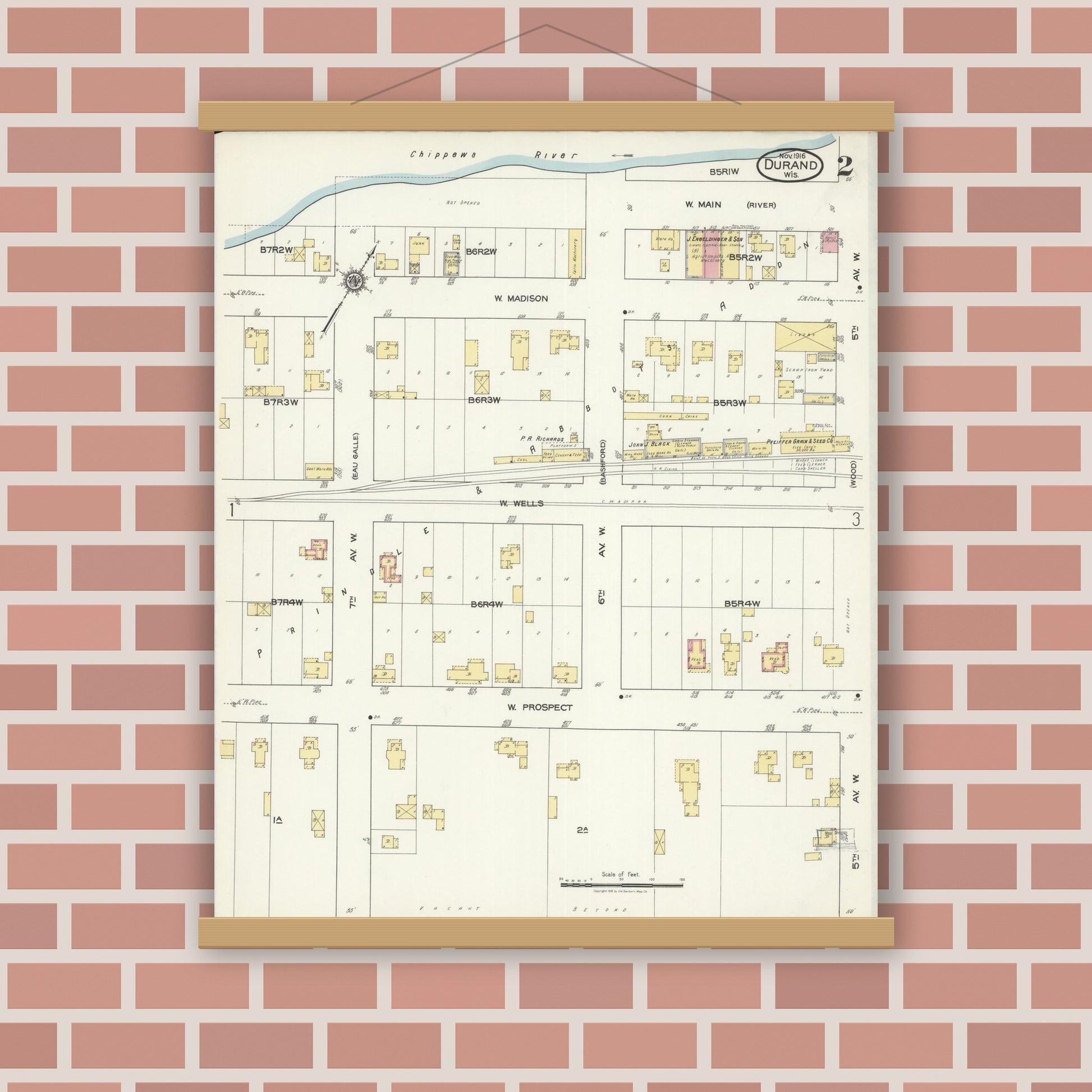 Old map wall art mockup — magnetic wood frame on brick wall — Sanborn Fire Insurance Map from Durand, Pepin County, Wisconsin (1916), Sheet #0002