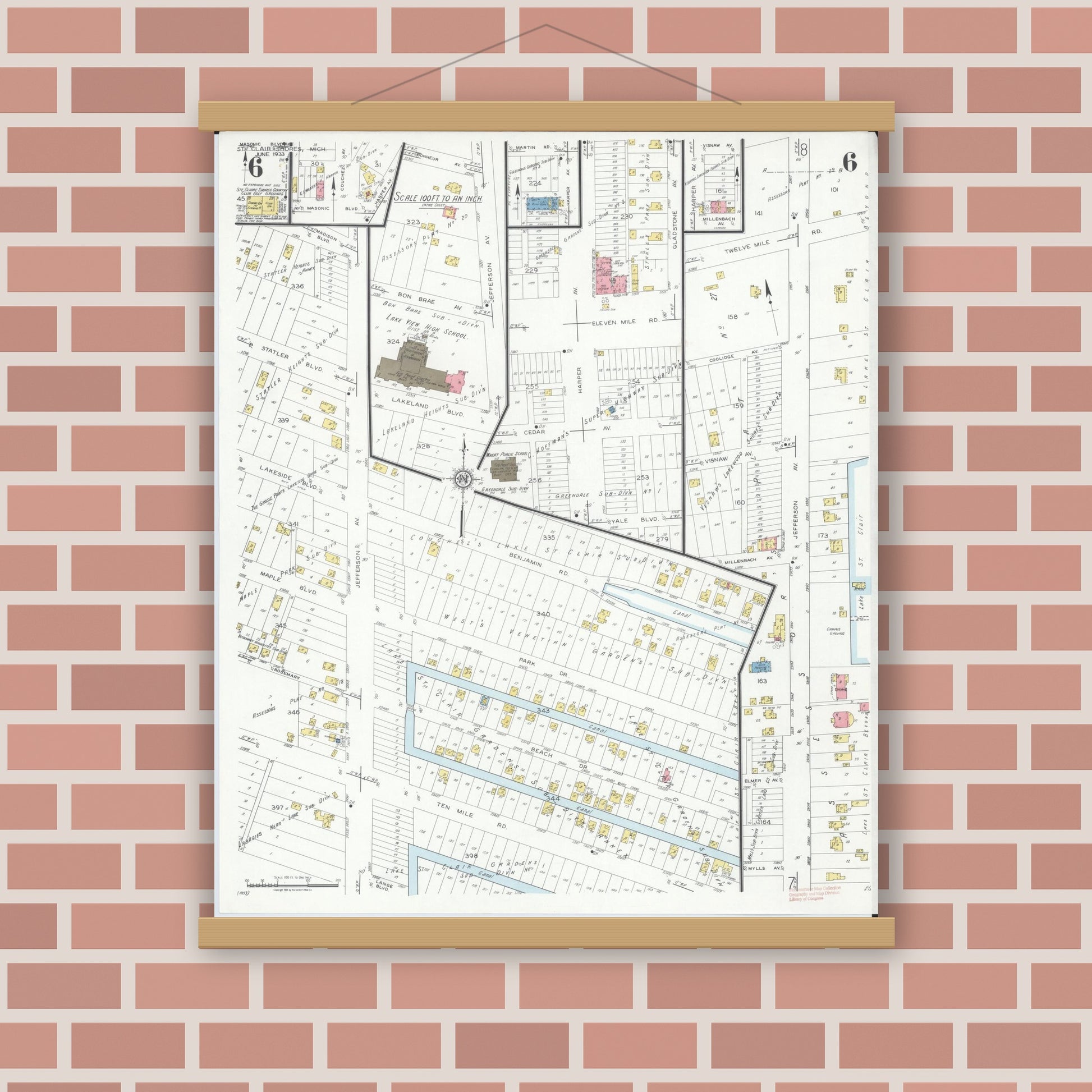 Old map wall art mockup — magnetic wood frame on brick wall — Sanborn Fire Insurance Map from Saint Clair Shores, Macomb County, Michigan (1933), Sheet #0006
