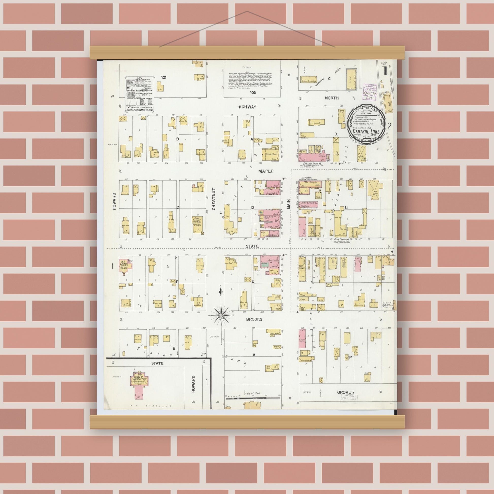 Old map wall art mockup — magnetic wood frame on brick wall — Sanborn Fire Insurance Map from Central Lake, Antrim County, Michigan (1901) - Complete Map Set