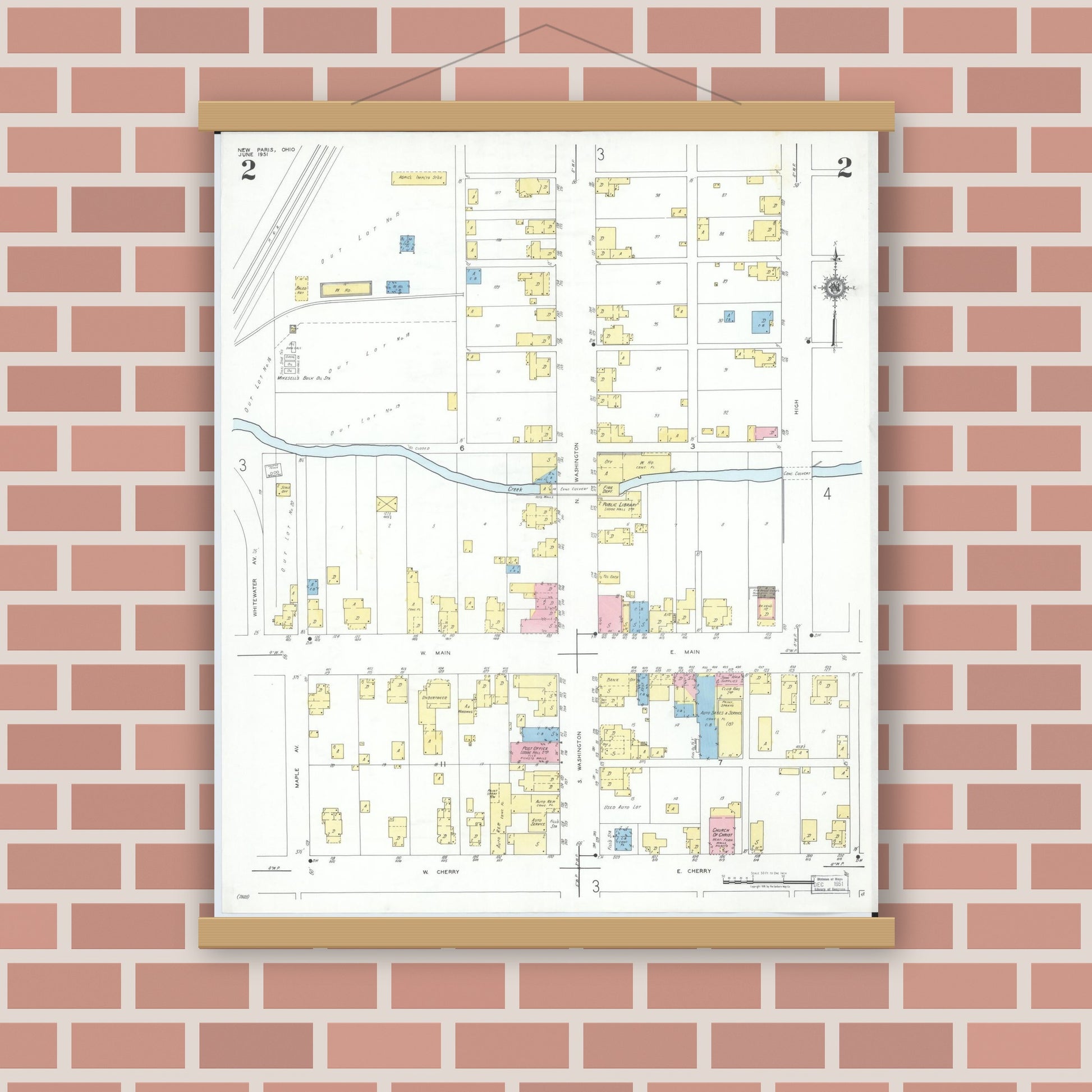 Old map wall art mockup — magnetic wood frame on brick wall — Sanborn Fire Insurance Map from New Paris, Preble County, Ohio (1951), Sheet #0002