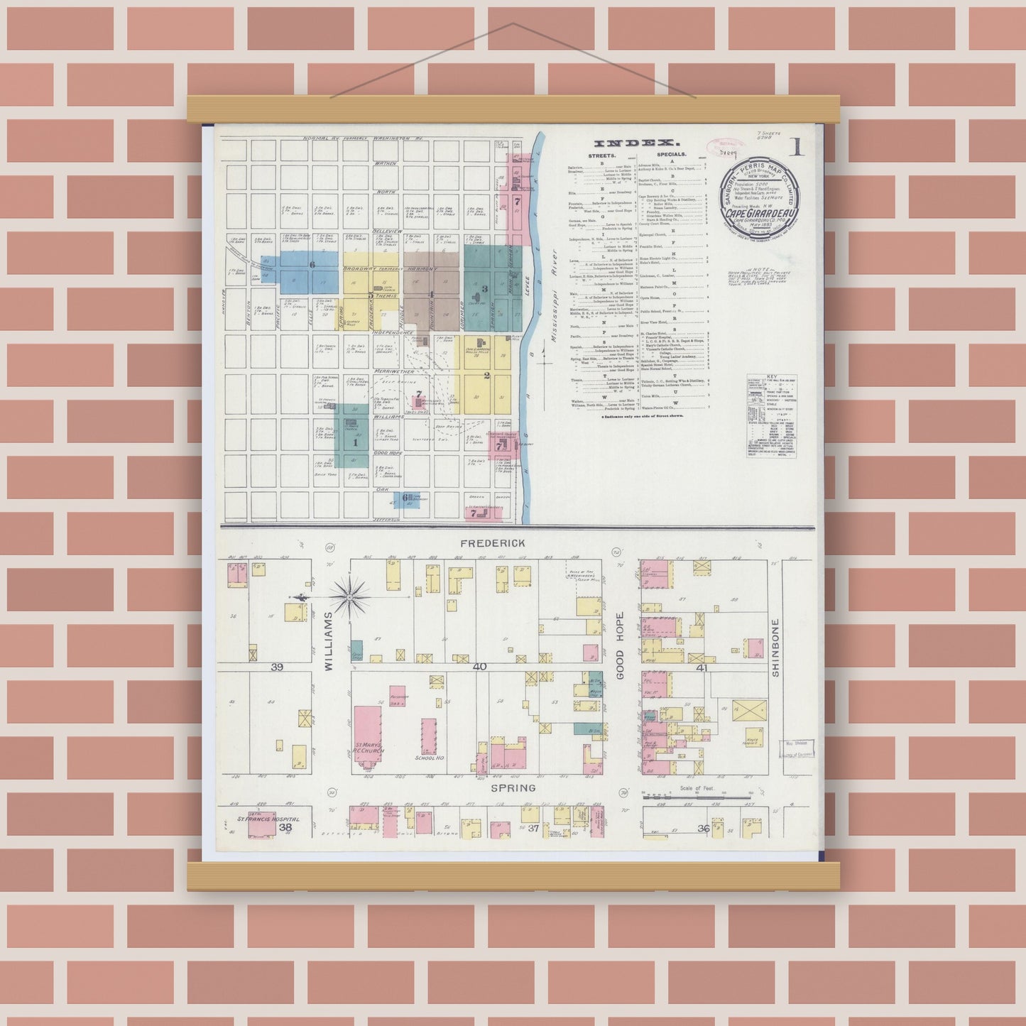 Old map wall art mockup — magnetic wood frame on brick wall — Sanborn Fire Insurance Map from Cape Girardeau, Cape Girardeau County, Missouri (1893) - Complete Map Set