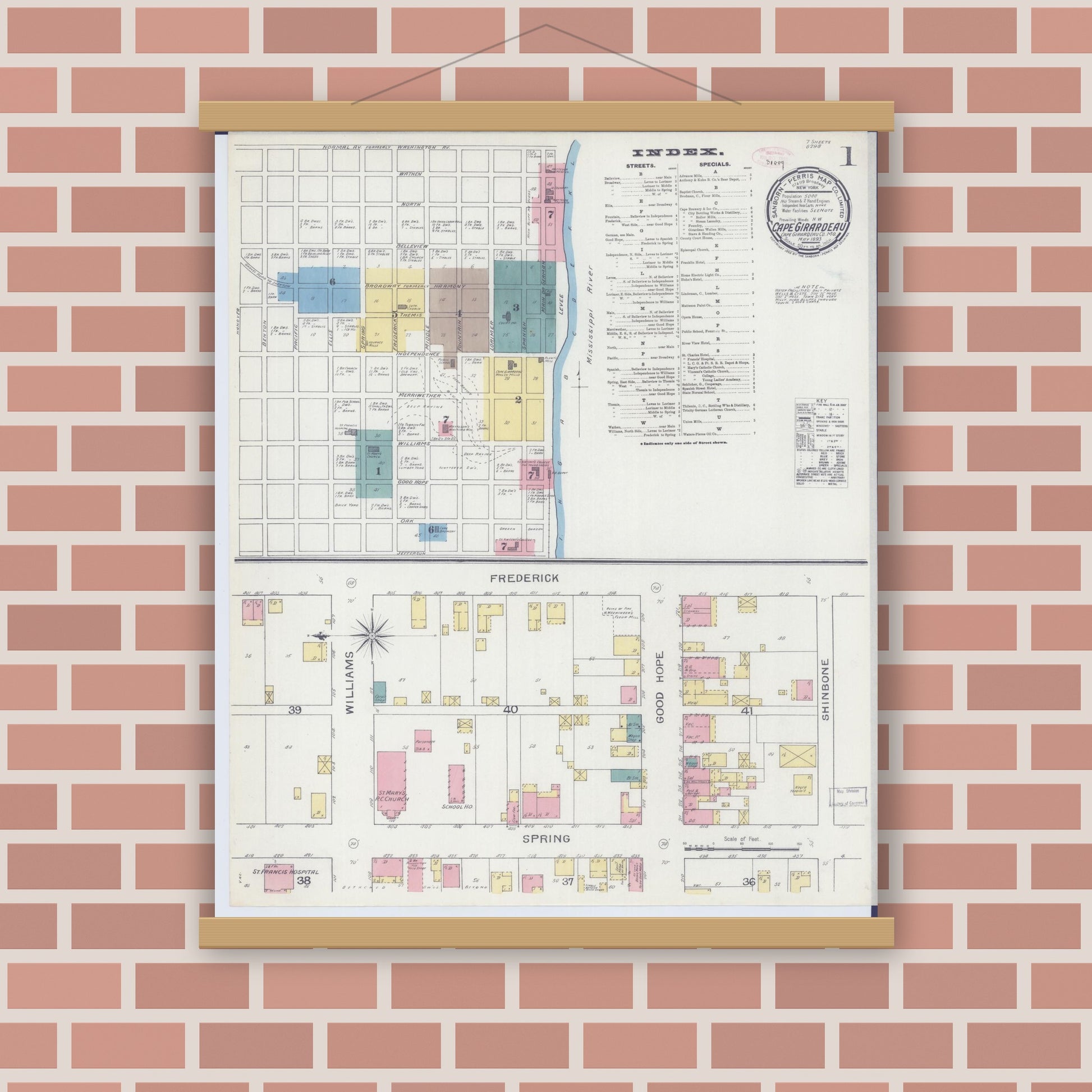 Old map wall art mockup — magnetic wood frame on brick wall — Sanborn Fire Insurance Map from Cape Girardeau, Cape Girardeau County, Missouri (1893) - Complete Map Set