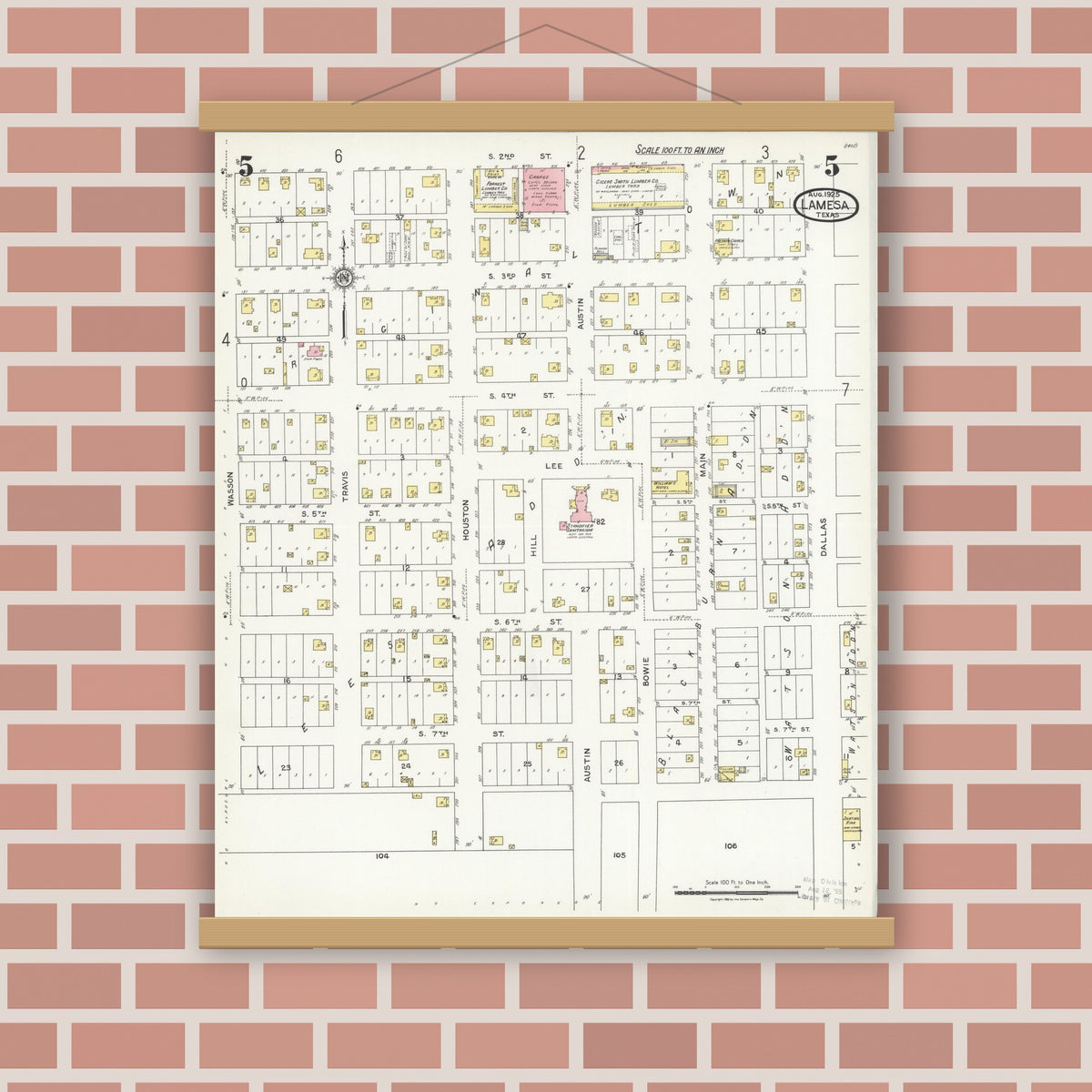 Old map wall art mockup — magnetic wood frame on brick wall — Sanborn Fire Insurance Map from Lamesa, Dawson County, Texas (1925), Sheet #0005