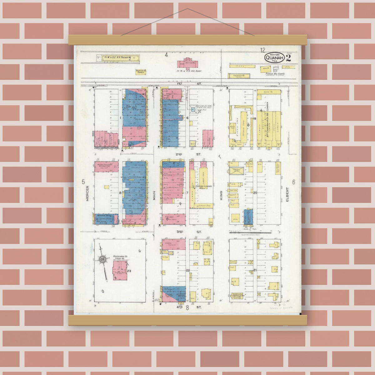 Old map wall art mockup — magnetic wood frame on brick wall — Sanborn Fire Insurance Map from Quanah, Hardeman County, Texas (1921), Sheet #0002
