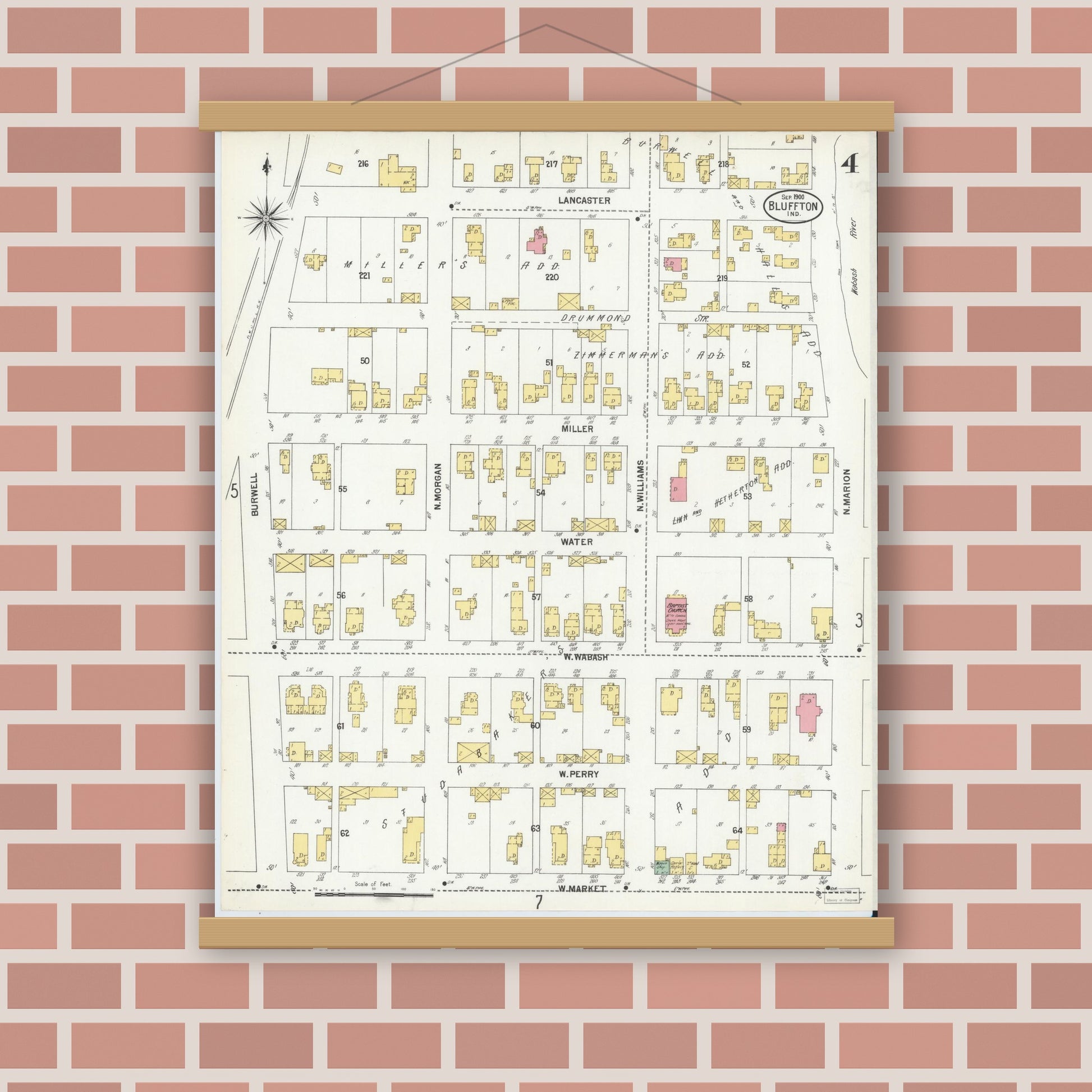 Old map wall art mockup — magnetic wood frame on brick wall — Sanborn Fire Insurance Map from Bluffton, Wells County, Indiana (1900), Sheet #0004