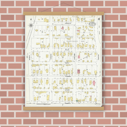 Old map wall art mockup — magnetic wood frame on brick wall — Sanborn Fire Insurance Map from Bluffton, Wells County, Indiana (1900), Sheet #0004