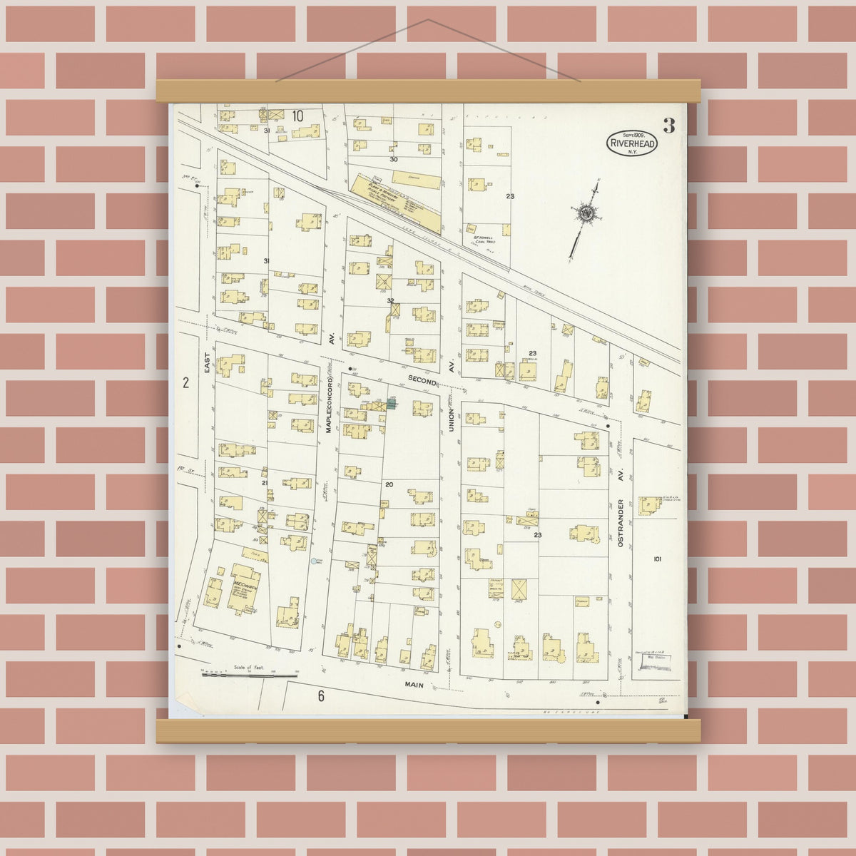 Old map wall art mockup — magnetic wood frame on brick wall — Sanborn Fire Insurance Map from Riverhead, Suffolk County, New York (1909), Sheet #0003