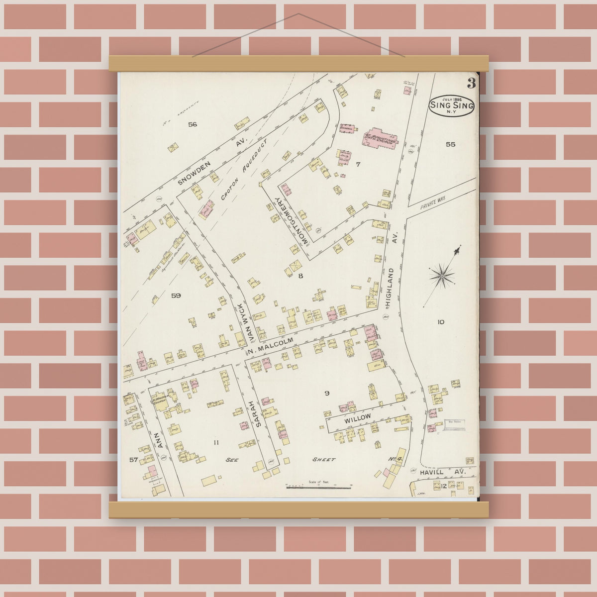 Old map wall art mockup — magnetic wood frame on brick wall — Sanborn Fire Insurance Map from Sing Sing, Westchester County, New York (1886), Sheet #0003