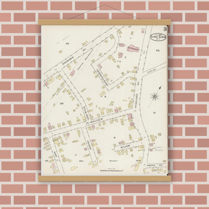 Old map wall art mockup — magnetic wood frame on brick wall — Sanborn Fire Insurance Map from Sing Sing, Westchester County, New York (1886), Sheet #0003