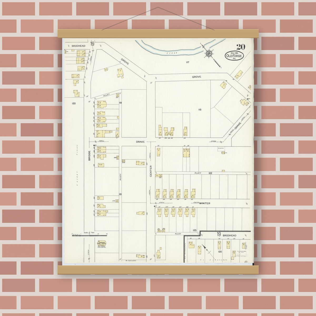 Old map wall art mockup — magnetic wood frame on brick wall — Sanborn Fire Insurance Map from Old Forge, Lackawanna County, Pennsylvania (1914), Sheet #0020
