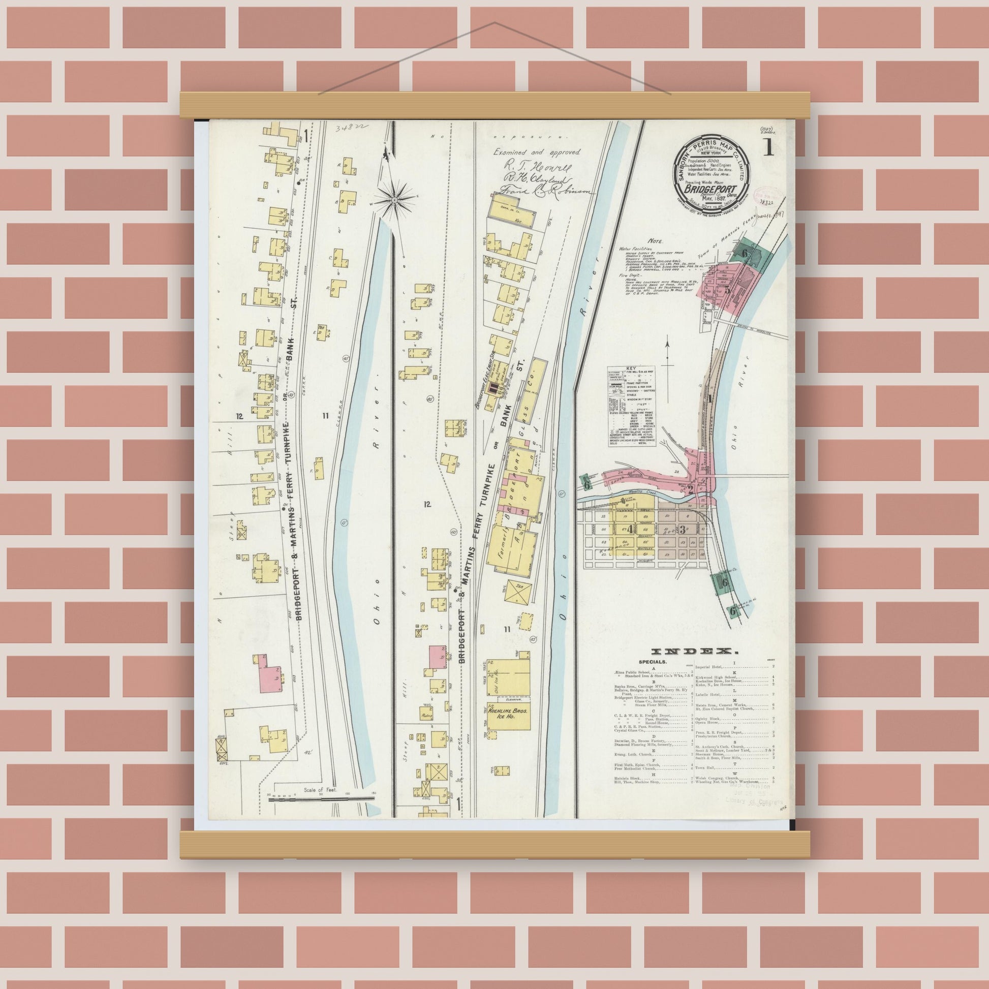 Old map wall art mockup — magnetic wood frame on brick wall — Sanborn Fire Insurance Map from Bridgeport, Belmont County, Ohio (1897), Sheet #0001