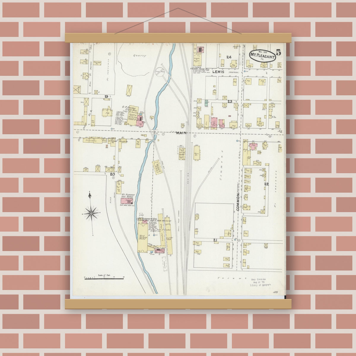 Old map wall art mockup — magnetic wood frame on brick wall — Sanborn Fire Insurance Map from Mount Pleasant, Westmoreland County, Pennsylvania (1891), Sheet #0005