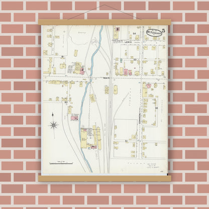 Old map wall art mockup — magnetic wood frame on brick wall — Sanborn Fire Insurance Map from Mount Pleasant, Westmoreland County, Pennsylvania (1891), Sheet #0005