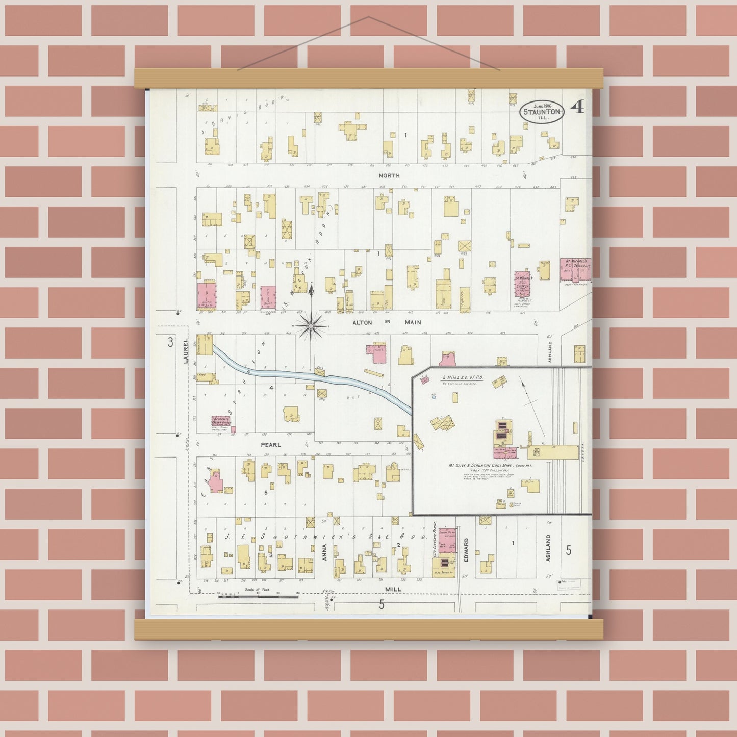 Old map wall art mockup — magnetic wood frame on brick wall — Sanborn Fire Insurance Map from Staunton, Macoupin County, Illinois (1906), Sheet #0004
