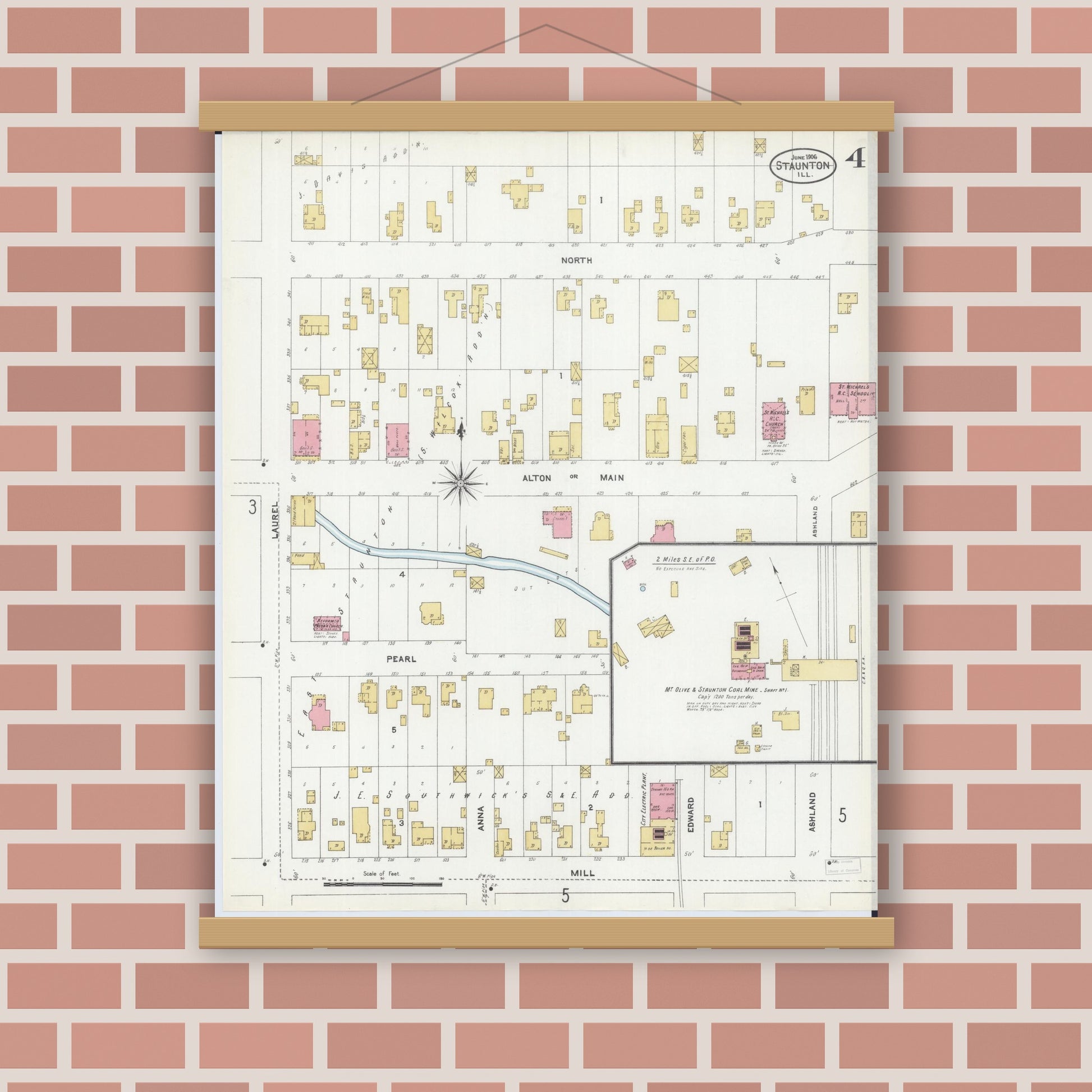Old map wall art mockup — magnetic wood frame on brick wall — Sanborn Fire Insurance Map from Staunton, Macoupin County, Illinois (1906), Sheet #0004
