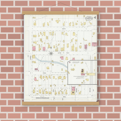 Old map wall art mockup — magnetic wood frame on brick wall — Sanborn Fire Insurance Map from Staunton, Macoupin County, Illinois (1906), Sheet #0004
