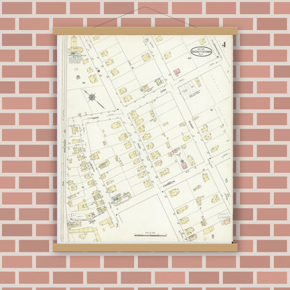 Old map wall art mockup — magnetic wood frame on brick wall — Sanborn Fire Insurance Map from Hackettstown, Warren County, New Jersey (1914), Sheet #0004