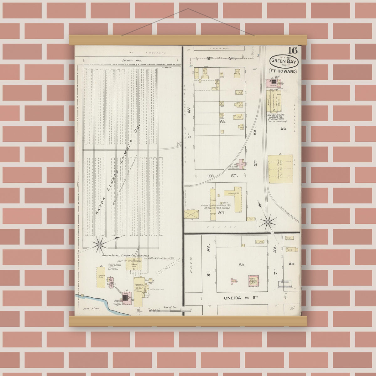 Old map wall art mockup — magnetic wood frame on brick wall — Sanborn Fire Insurance Map from Green Bay, Brown County, Wisconsin (1887), Sheet #0016