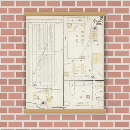 Old map wall art mockup — magnetic wood frame on brick wall — Sanborn Fire Insurance Map from Green Bay, Brown County, Wisconsin (1887), Sheet #0016