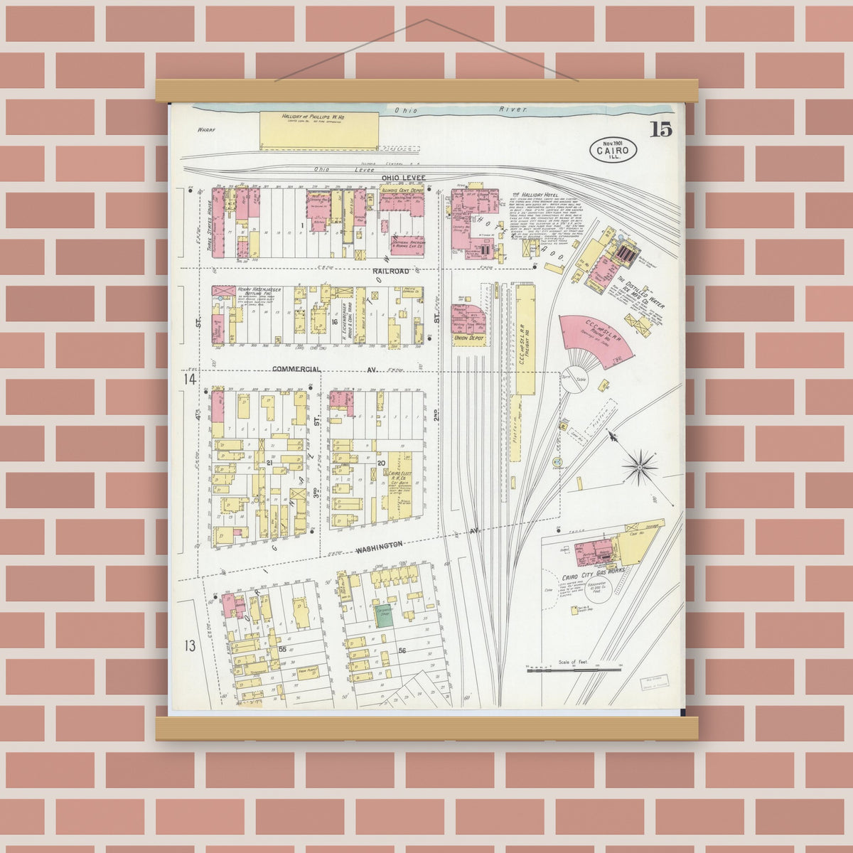 Old map wall art mockup — magnetic wood frame on brick wall — Sanborn Fire Insurance Map from Cairo, Alexander County, Illinois (1901), Sheet #0015