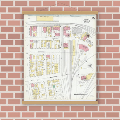 Old map wall art mockup — magnetic wood frame on brick wall — Sanborn Fire Insurance Map from Cairo, Alexander County, Illinois (1901), Sheet #0015